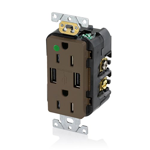 15-Amp Hospital Grade USB Charger/Tamper-Resistant Duplex Receptacle, Brown - Leviton T5632-HG