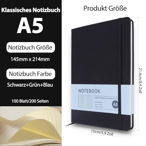 Notizbuch A5, 3 Stück Hardcover Journal Notizbücher, Notizbuch Liniert a5 mit 200 Seiten, Kunstlederbezug Notizbuchs mit Elastischem Verschlussband für Schule, Büro, Schreiben (Schwarz+Blau+Grün)