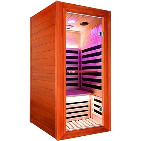 1 Person Infrared Sauna Room for Indoor Home, Far Infrared Wooden Sauna Cabin with Low EMF Carbon Heaters, Chromotherapy Light & Bluetooth Speaker, Personal Spa for Relaxation & Detox, 1080W Cover
