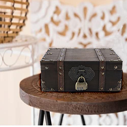 Safedelux Wooden Treasure Chest Box Vintage Decorative Storage Box With Lock For Home Decor Great Father Day Gifts - 9.4” X 6.3” X 3.7” #TOP6