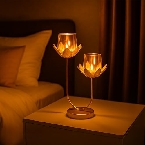 Image of MARKET 99 Metal + Glass 2 Votive T-Light Holder | U-Shaped Golden Candle Stand for Christmas, Diwali, Birthdays & Weddings | Elegant Home & Festive Ambient Decor Lighting