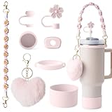 Stanley Cup Zubehör, enthält 1 Tragegriff, 1 Strohhalm abdeckung, 3er-Set auslaufsicherer Deckelstöpsel & Strohhalmkappen, 1 flauschiger Anhänger, 1 Silikon-Bodenmanschette für den Stanley Cup