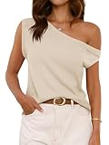 Cicy Bell Womens Off One Shoulder Tops Summer Ribbed Knit Tank Tops Trendy Casual Loose Fit Sleeveless Tee Shirts Beige