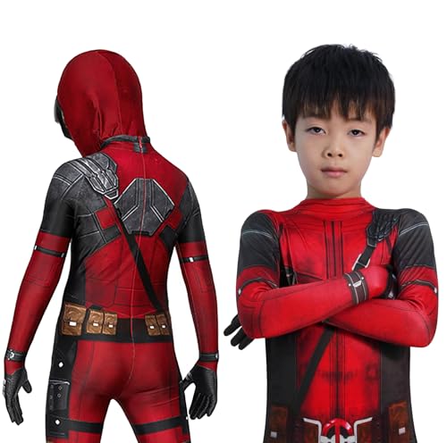 MRRTIME Disfraz de héroes de Halloween 2024 para cosplay, traje completo con estampado 3D con tocado para niños, disfraz de Daadpol para niños, disfraz de Deadpoo Deadpoo para niños de 10-12 (rojo-02