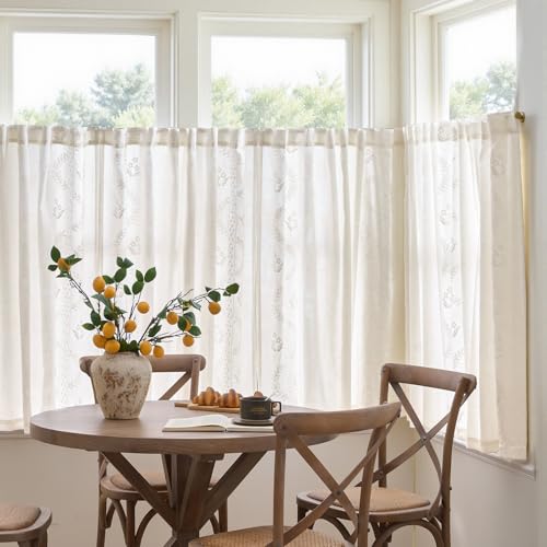 Image of jinchan White Floral Linen Kitchen Tier Curtains 50x45 Inch 2 Panels