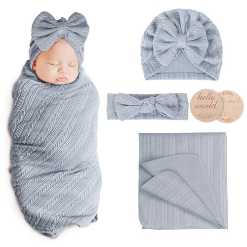 Image of AQOKKA Newborn Receiving Blanket with Bow Hat Mittens Wooden Card Set Wheat-Pattern Newborns Toddler Baby Boy Girl Nursery Swaddle Wrap