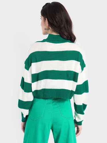 Image of Bewakoof Women's Striped Oversized Fit Full Sleeve Round Neck Acrylic Sweater