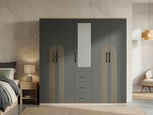 Image of Butterfly 5 Door Wardrobe with Mirror & Drawers | Engineered Wood Bedroom Wardrobe | 6.5 x 6.5 ft | Modern Storage Cabinet