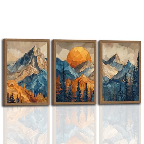 Mountain Wall Art Set of 3 Framed, Abstract Landscape Canvas Print