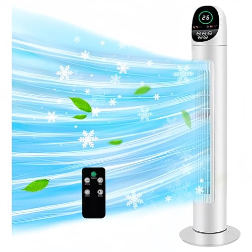 Ventilador de Torre Potente y Silencioso Blanco Ventilador de Piso Portatil Con Mando a Distancia Abanico de Torre Con 1-7.5H Temporizador 3 Velocidades Sin Aspas Giratorio 80°...