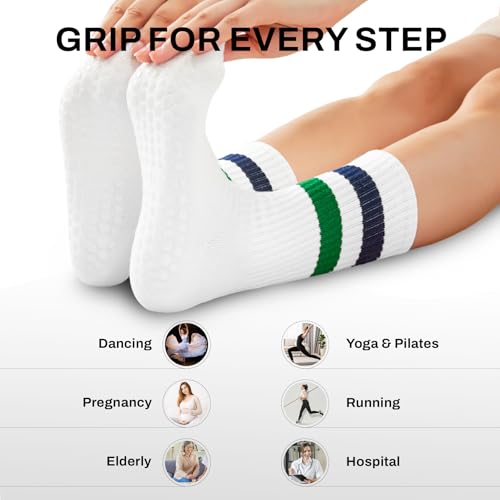 Image of Pilates Socks for Women Non Slip, Cotton Crew Grippy Yoga Socks with Grips for Maternity Hospital Workout, 3 Pairs
