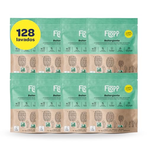 Flopp - Detergente Ecológico en Cápsulas para Ropa | Etiqueta EU Ecolabel | Eco para Lavadoras Ropa Blanca y Color | Fórmula Vegana | Limpia sin ensuciar el Planeta (128 cápsulas)