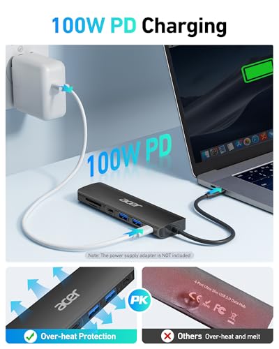 Image of Acer USB C Hub, 7 in 1 USB-C to HDMI Dock, 2 USBA 3.1 GEN1 and 5Gbps Type-C Data Port, 4K HDMI Port, PD 100W Charging, SD Card Reader, for iPad Pro MacBook Pro Laptops and More (Black)