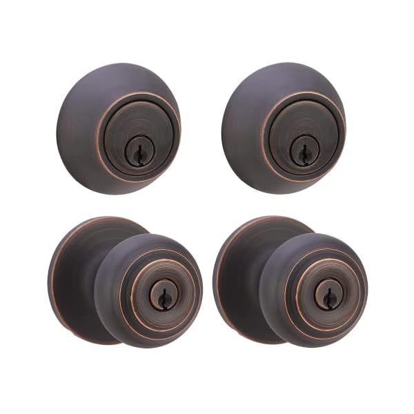 Amazon Basics Exterior Knob With Lock and Deadbolt, Classic, Oil Rubbed Bronze, Set of 2