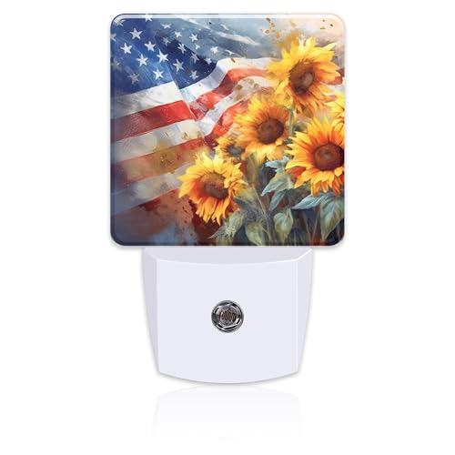 Image of American Flag with Sunflowers Night Light Plug into Wall,Watercolor USA Flag Patriotic Dusk to Dawn Night Light Plug in,0.5w Energy Saving Sleep Friendly NightLight for Kids Boys Girls Home Decor