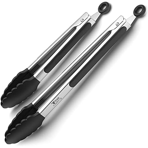 Tribal Cooking Kitchen Tongs with Silicone Tips - Stainless Steel tongs for cooking - 9" and 12" Tongs With Silicone Rubber Grips, Small and Large - Metal BBQ Tongs with Locking Cover