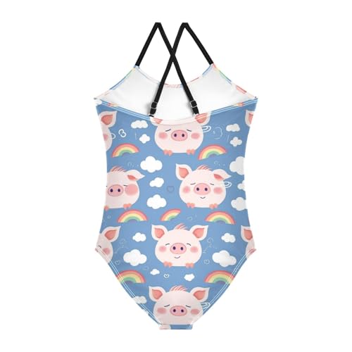 Pig Face Girls One Piece Swimsuits Rainbow Clouds Sport Halter Swimwear Beach Bathing Suit 3T2