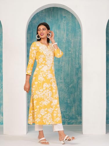 Image of GoSriKi Women's Cotton Blend Chikankari Embroidered Straight Kurta