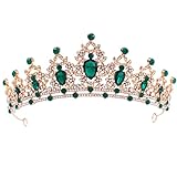 FORSEVEN Crystal Tiaras and Crowns for Women and Girls - Wedding and Birthday Party Princess Hair Accessories - Bride Rhinestone Headbands (Gold+Green)