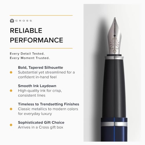 Image of Cross Calais Chrome & Blue Refillable Fountain Pen - Medium Point, Black Ink, Smooth Writing, Presented in a Luxury Gift Box