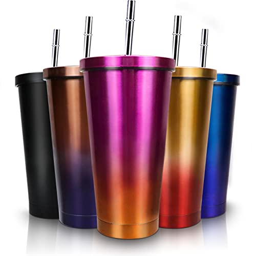 Taza térmica con pajita y tapa, taza de café de 500 ml, taza de café para go, taza de café de acero inoxidable a prueba de fugas, taza aislada al vacío para bebidas heladas o calientes (rosa roja) Cover