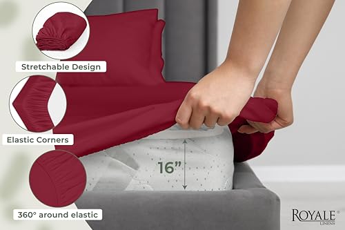 Image of Royale Linens 100% Organic Cotton King Fitted Sheet Only - Percale Weave - Super Soft Deep Pocket Bottom Sheets - Red Elastic Sheet - King Size Fitted Sheets Only - (78 inchx80 inch+15 inch, Red)