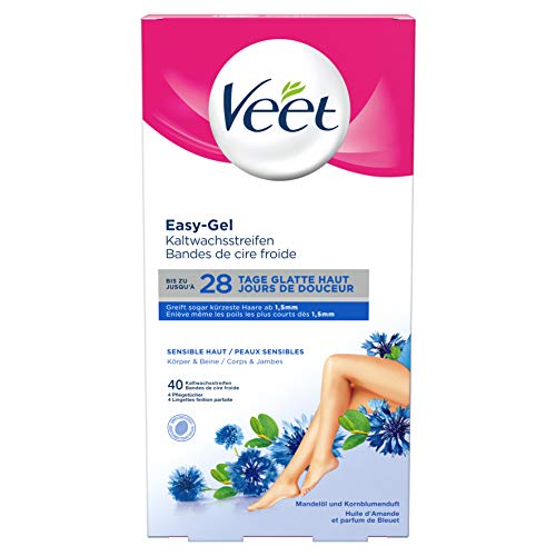 Veet Kaltwachsstreifen mit Easy-Gelwax Technology  Geeignet für sensible Haut  Anwendung für Beine & Körper  Bis zu 4 Wochen glatte Haut  20 x Doppelstreifen à 40 Anwendungen