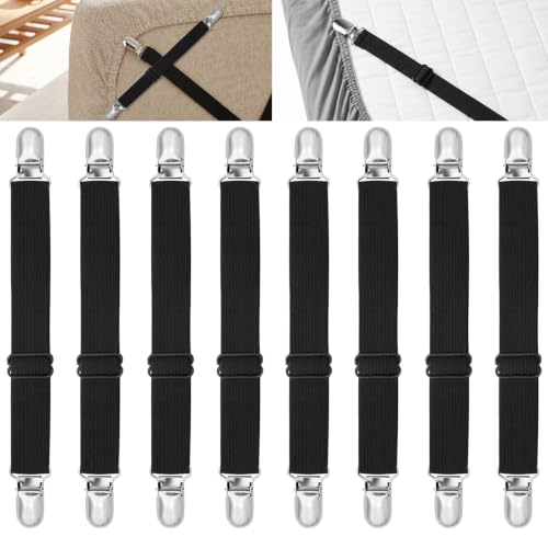 Lanjiesh 8Pcs Black Adjustable Elastic Sofa Cushion Straps, Slipcover Fastener Holder Clips, Flexible Gripper Suspenders for Couch Seat Covers and Bed Sheet Fixing