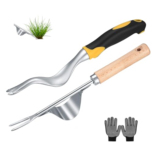 Tomtary 2 Pack Weeding Tool with Gloves, Hand Weed Puller Tool, Manual Weeder Tools, Y-shaped Fork Root Dandelion Remover Tools, Stainless Garden Weeding Tooles, Digger For Garden Lawn Patio Yard