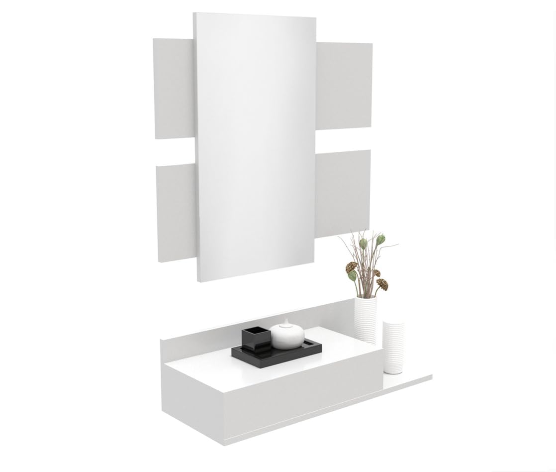 DORMIDAN- Recibidor con Espejo MOD2, Mueble de Entrada, cajón y balda en Dos Alturas (Blanco)