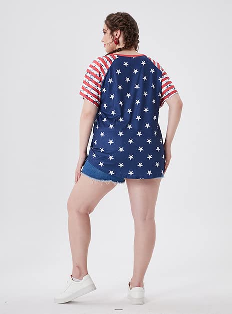 Image of CARCOS Plus Size Tops for Women Short Sleeve Raglan Striped Tee Color Block Crewneck /V Neck Tunic Loose Fit Summer XL-5XL
