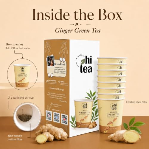 Image of HI TEA Ginger Green Tea | Just Add Hot Water | Instant Green Tea Cups | 8 Cups /Box | Metabolism & Digestion Support