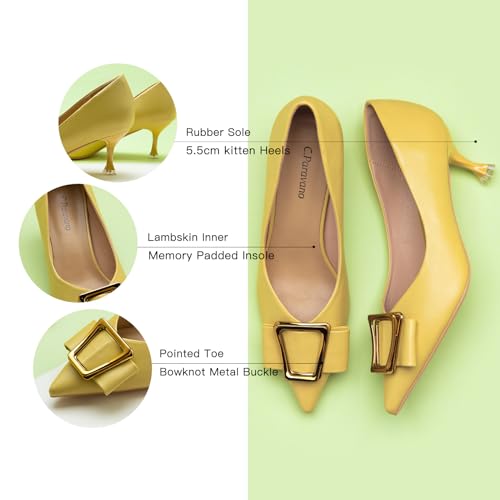 C.Paravano Women's Kitten Heel Pumps with Pointed Toe & Metal Buckle | Leather Wedding & Office Pumps for Cocktail Parties| Pair with Silk Dresses or Tailored Trousers(Yellow,Size 9.5)4