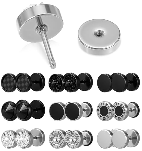 Fake Gauge Earrings, 9 Pairs Stainless Steel Round Studs Cheater Plugs Faux Tunnels Flat Back for Men Women