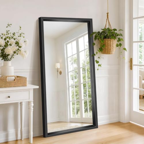 Image of Black Full Length Mirror, 60x28 inch Large Bathroom Mirrors for Over Sink, 0.6 inch Thickened Deep Frame Rectangular Wall Mirror, Brushed, Tempered Glass, Antirust, Horizontally /Vertically