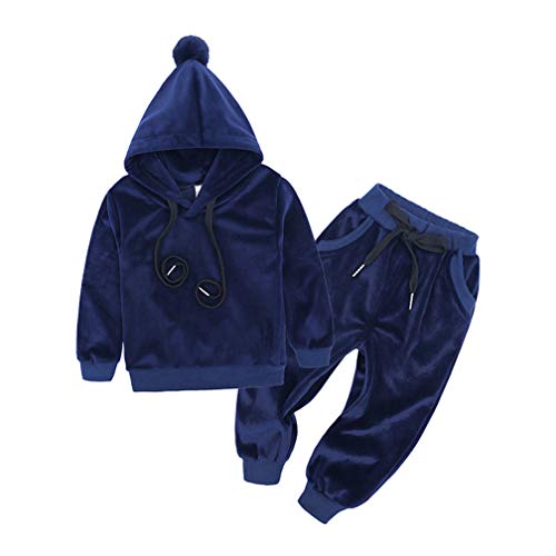 Kids Boys Girls 2Pcs Winter Clothes Velvet Cartoon Pocket Pullover Hooded Tracksuit Top +Trousers Sweatpants Outfits Set (DTZ9459 Navy,6 Years)