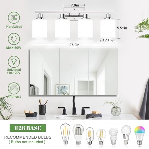 Image of MOKATNG 4-Light Vanity Light with Milky White Shades, Chrome Bathroom Lighting Fixtures Over Mirror, Modern Bathroom Wall Lamp for Mirror Living Room Cabinet Bedroom