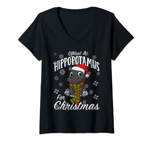Mujer Quiero un hipopótamo para Navidad | Regalo de hipopótamo de Navidad Camiseta Cuello V