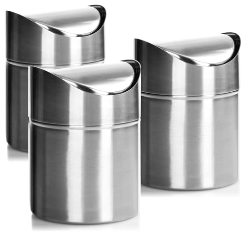 com-four® 3x Abfalleimer mit Schwingdeckel - eleganter Tischmülleimer aus Edelstahl - kompakter Kosmetikeimer fürs Bad - Küchenabfalleimer - Mini-Mülleimer (3x silberfarben - Edelstahl)