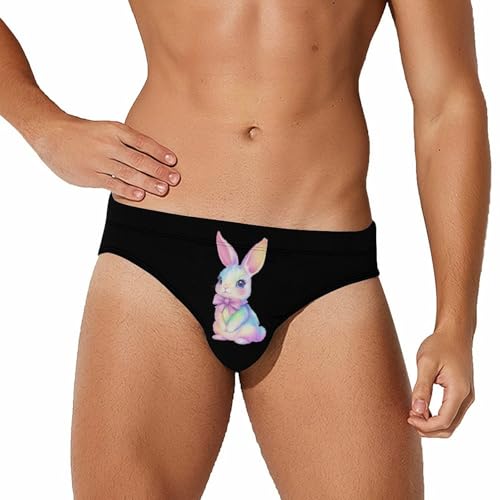 Cute Pastel Rainbow Easter Bunny Printed Swim Briefs for Men Sexy Bikini Swimwear Elastic Beach Trunks Bathing Suit