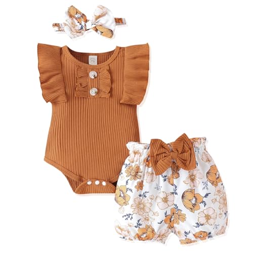 Image of LUNFEGO Newborn Baby Girl Clothes Outfits Ruffle Romper and Short Pant Sets with Headband Infant Bodysuits