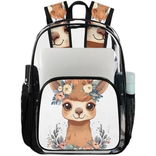 Watercolor Alpaca Flower Clear Backpack Stadium Approved PVC Backpacks for Adults Heavy Duty Clear Bag for Work Security Travel College