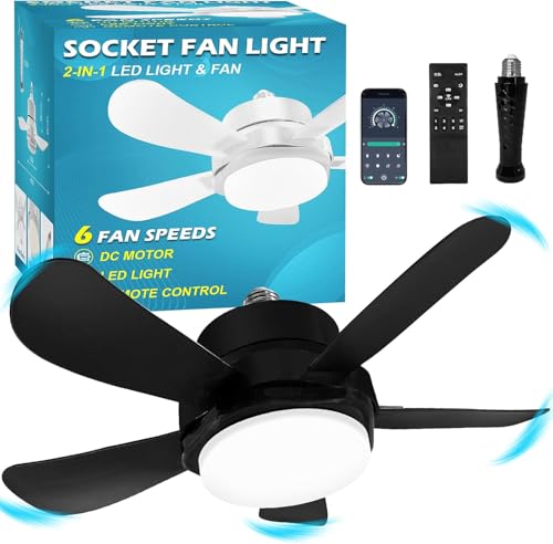weareok Ventilador de Casquillo con Luz LED, Ø40 cm Ventilador de Techo con Base E27, 5 Palas, Motor DC 6 Velocidades Regulable, 6000K, ideal para baños, dormitorios, garajes, lavanderías y cocinas