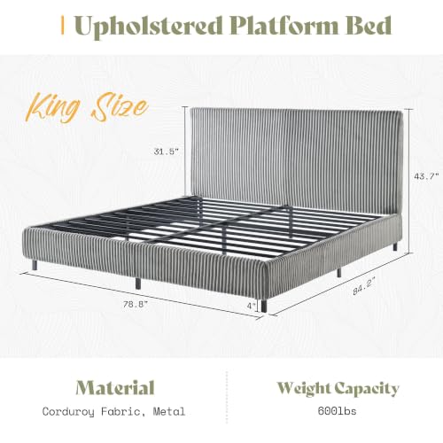 Image of AMERLIFE King Bed Frame, Upholstered Metal Platform Bed with Vertical Channel Tufted Headboard, Soft Fabric & Strong Metal Slats, No Noise Easy Assembly, Grey King Upholstered Bed and Headboard