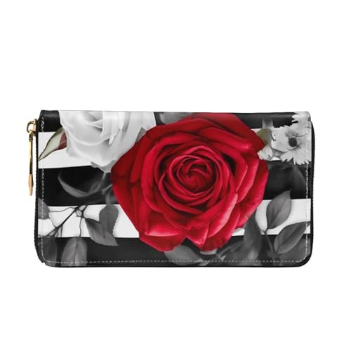Black White Stripes Red Rose Flowers Women's Wallet Large Capacity Credit Card Holder Zip Phone Clutch Ladies Travel Purse2