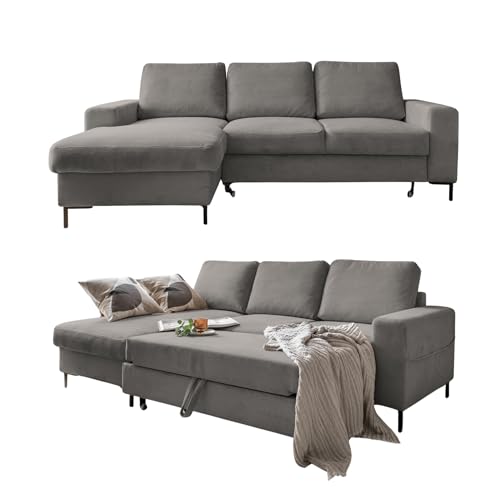 MIUFORM Ecksofa mit Schlaffunktion und Bettkasten | Lofty Lilly | Wohnladschaft Couch Schlafcouch Wohnzimmer Gästezimmer | Cord-Stoff Metallfüße (Hellgrau, Links ausgerichtet)
