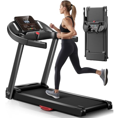 UMAY Treadmill with Heart Rate Sensor, Treadmills for Home Foldable with 3.0HP Quiet Brushless, Dual Cushion System, 14KM/H, Holder for Cup & Phone