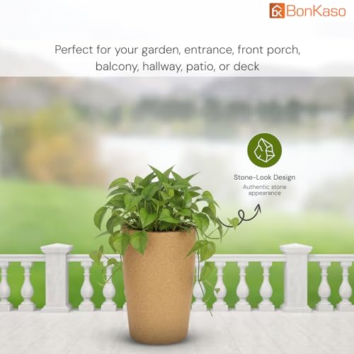 Image of BonKaso 18 inch Beige Pot - Tall, Durable & Lightweight Polymer Round Tower Planter for Indoor & Outdoor Use: Home, Office, Garden & Balcony (Gamla /Gamale)