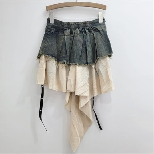 Women's Y2K Denim Patchwork Short Skirt Asymmetrical Hem Pleated A-Line Elastic Waist Casual Skirts2