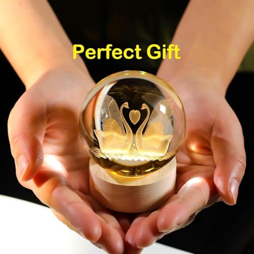Image of 3D Flamingo Crystal Figurines with Wooden Light Base Gifts, Ball Lamp with Wooden Light Base, Ball Laser Engraved Glass Sphere Home Decor (Flamingo)